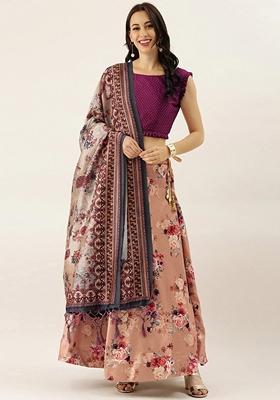 Peach Printed Satin Silk Lehenga Set
