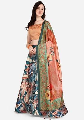 Teal Blue Printed Satin Silk Lehenga Set