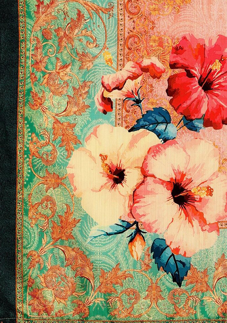 Teal Blue Printed Satin Silk Lehenga Set