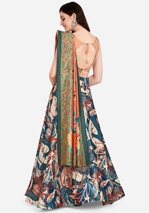 Teal Blue Printed Satin Silk Lehenga Set