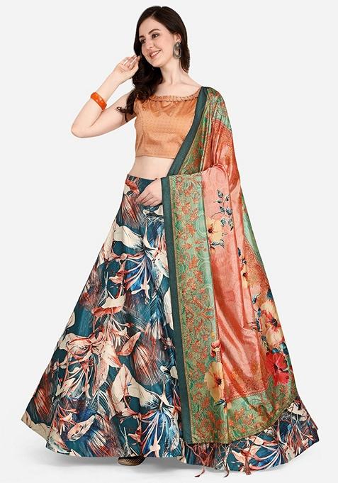 Teal Blue Printed Satin Silk Lehenga Set