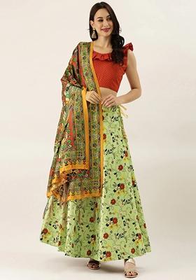 Pastel Green Printed Satin Silk Lehenga Set
