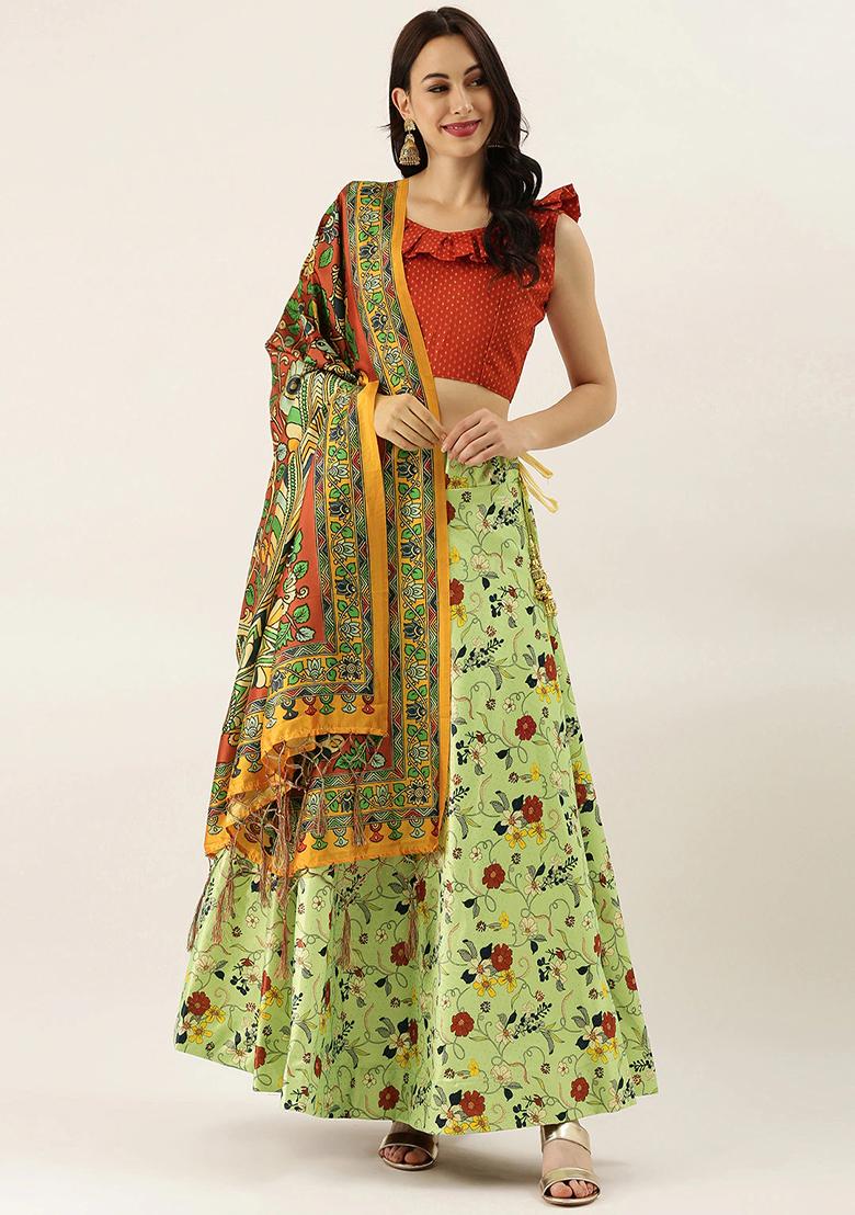 Pastel Green Printed Satin Silk Lehenga Set