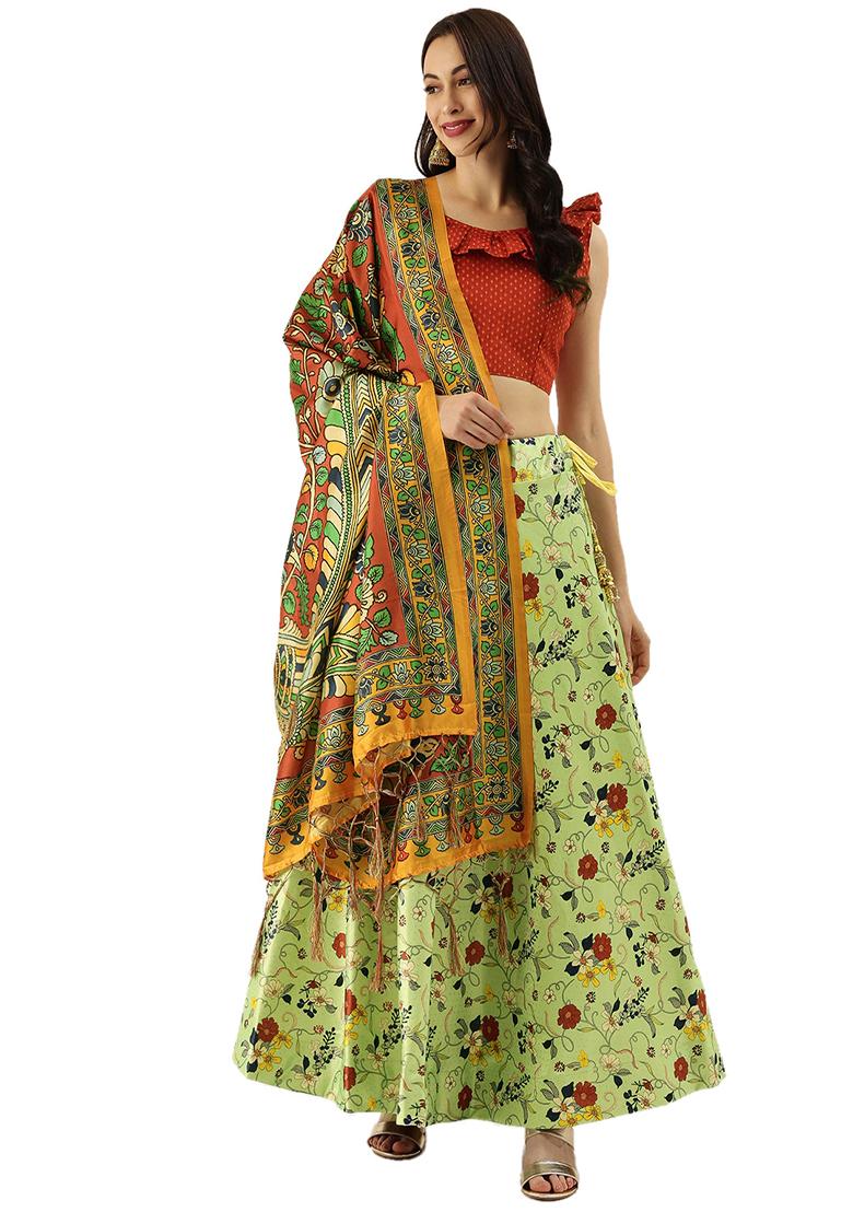 Pastel Green Printed Satin Silk Lehenga Set