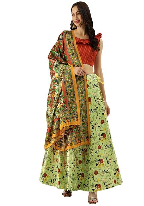 Pastel Green Printed Satin Silk Lehenga Set