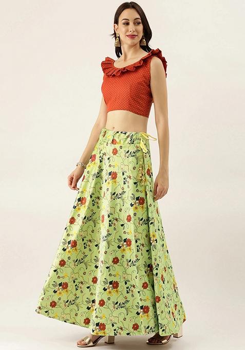 Pastel Green Printed Satin Silk Lehenga Set