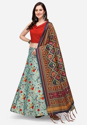 Light Blue Printed Satin Silk Lehenga Set