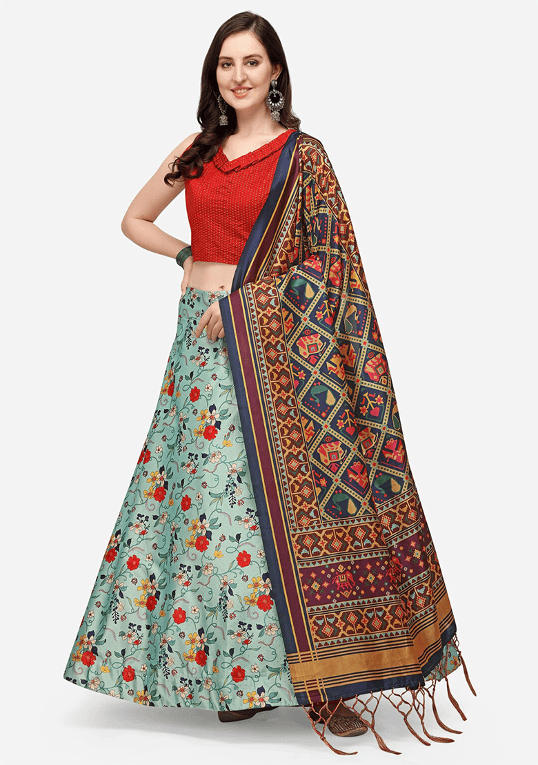 Light Blue Printed Satin Silk Lehenga Set - Indya