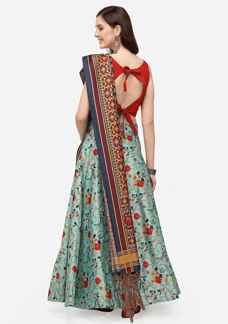 Light Blue Printed Satin Silk Lehenga Set - Indya