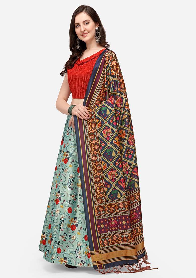 Light Blue Printed Satin Silk Lehenga Set - Indya