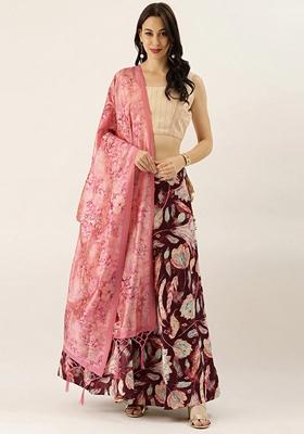 Maroon Printed Satin Silk Lehenga Set