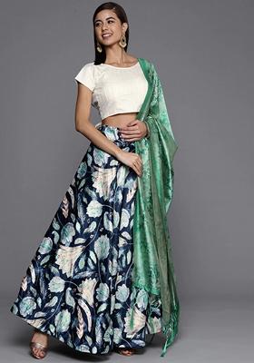 Teal Blue Printed Satin Silk Lehenga Set