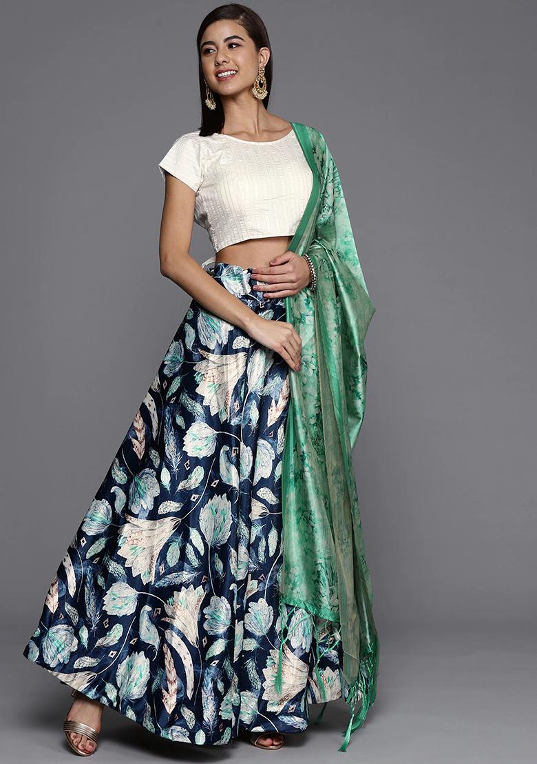 Teal Blue Printed Satin Silk Lehenga Set