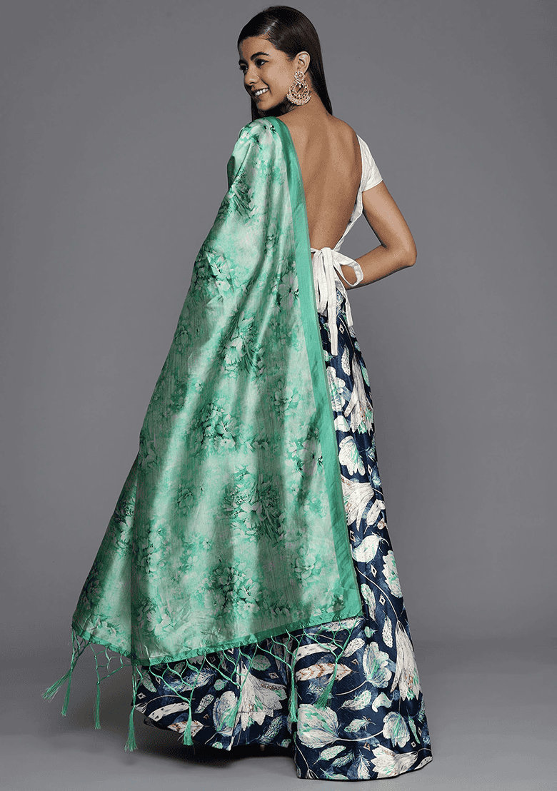 Teal Blue Printed Satin Silk Lehenga Set