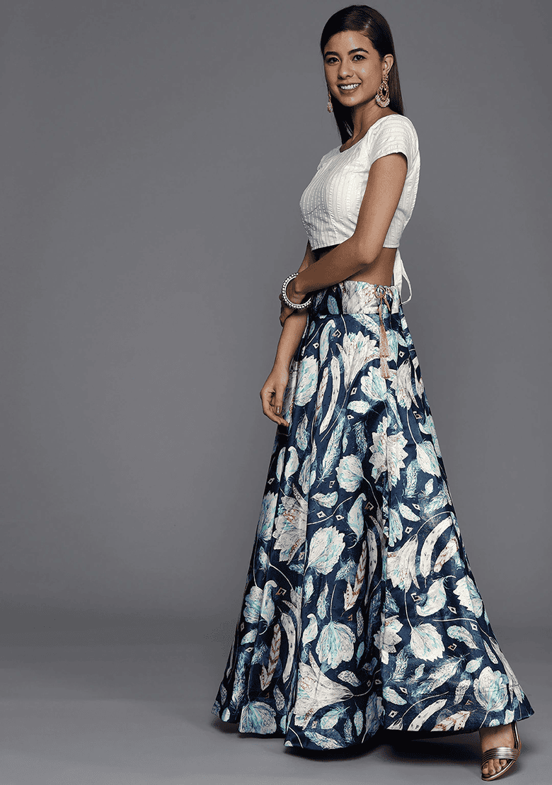 Teal Blue Printed Satin Silk Lehenga Set