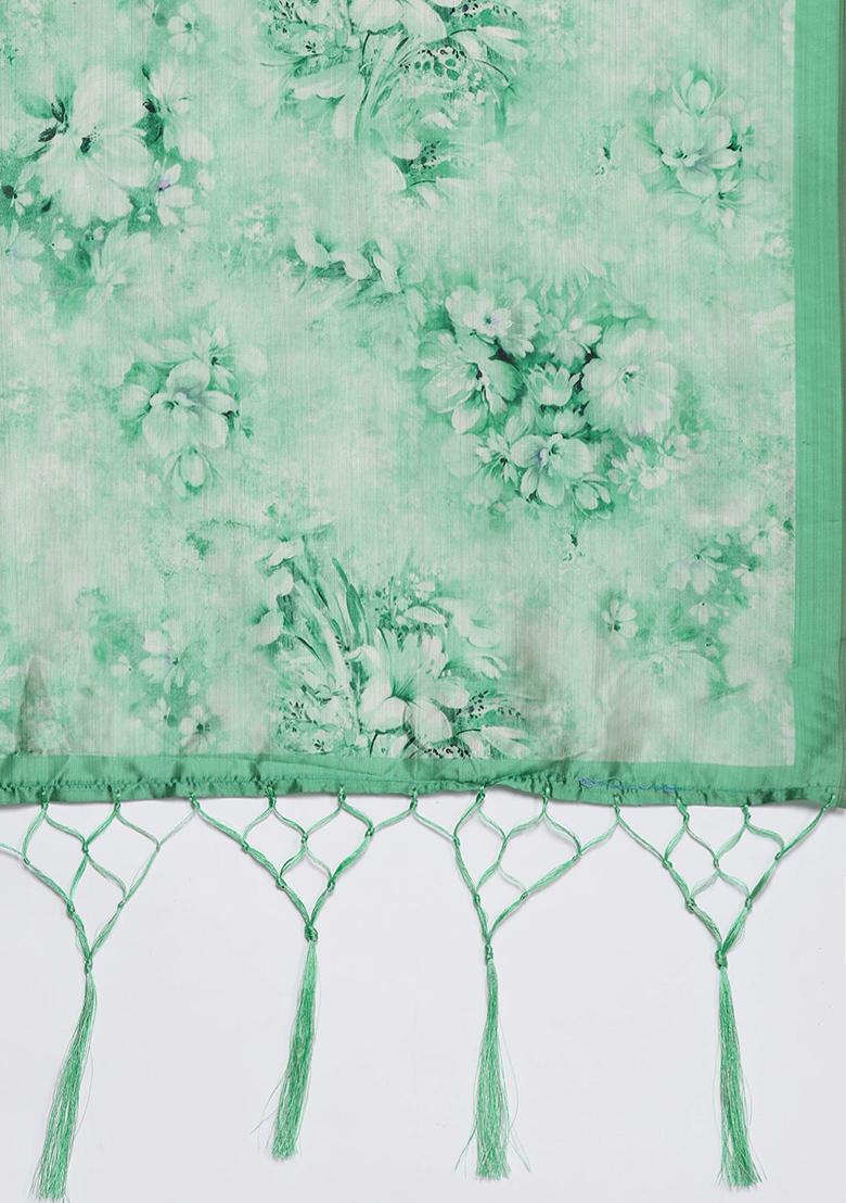 Teal Blue Printed Satin Silk Lehenga Set