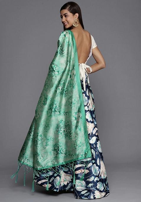 Teal Blue Printed Satin Silk Lehenga Set