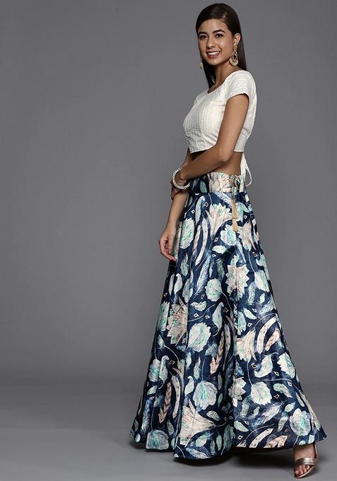 Teal Blue Printed Satin Silk Lehenga Set