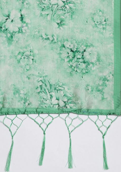 Teal Blue Printed Satin Silk Lehenga Set