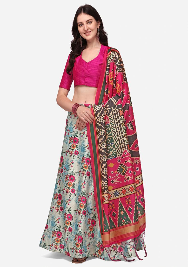 Multicolor Printed Satin Silk Lehenga Set