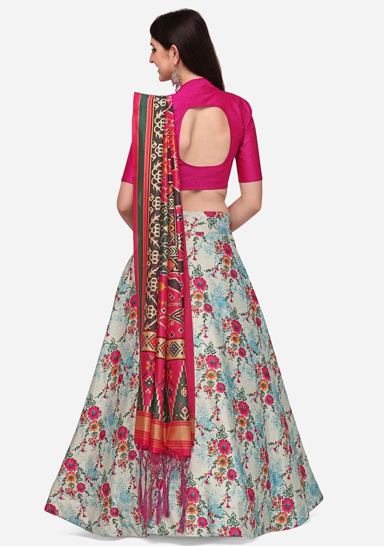 Multicolor Printed Satin Silk Lehenga Set