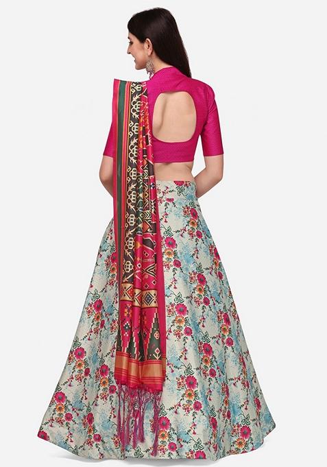 Multicolor Printed Satin Silk Lehenga Set