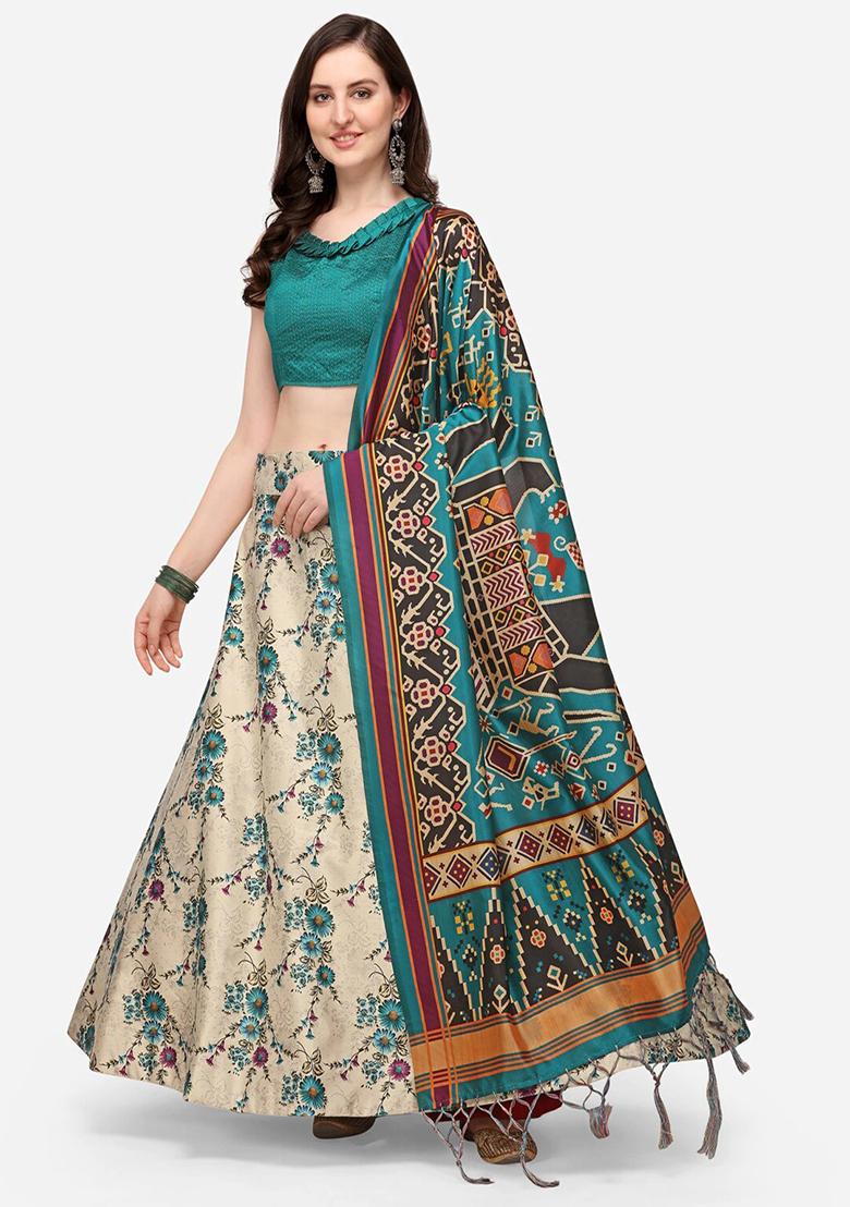 Multicolor Printed Satin Silk Lehenga Set