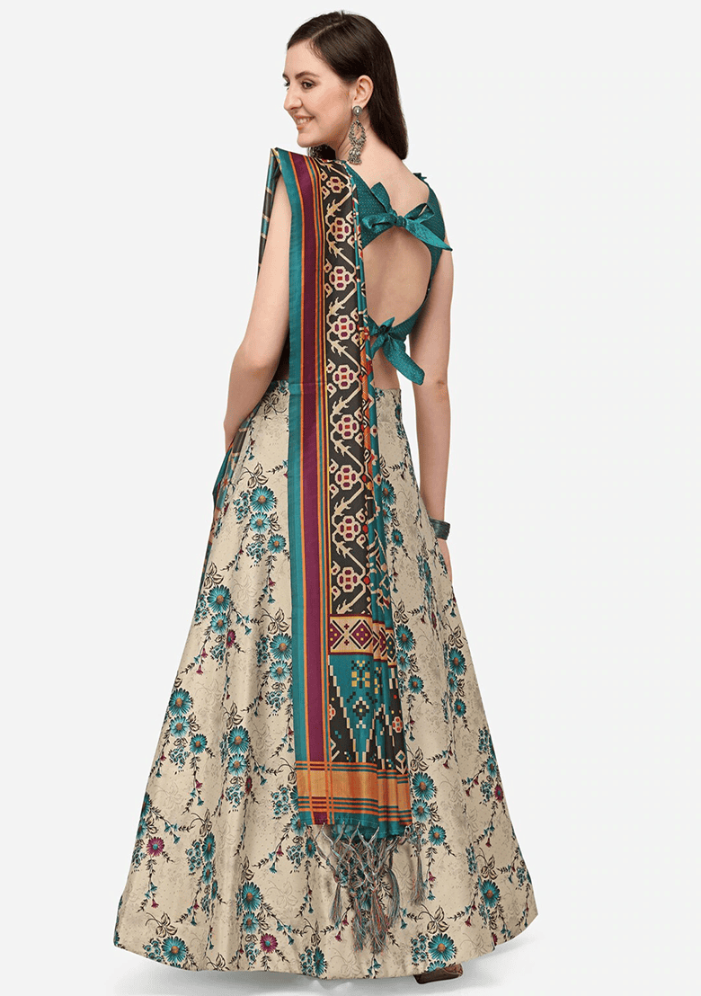 Multicolor Printed Satin Silk Lehenga Set