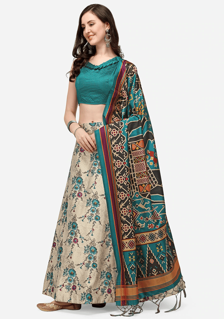 Multicolor Printed Satin Silk Lehenga Set