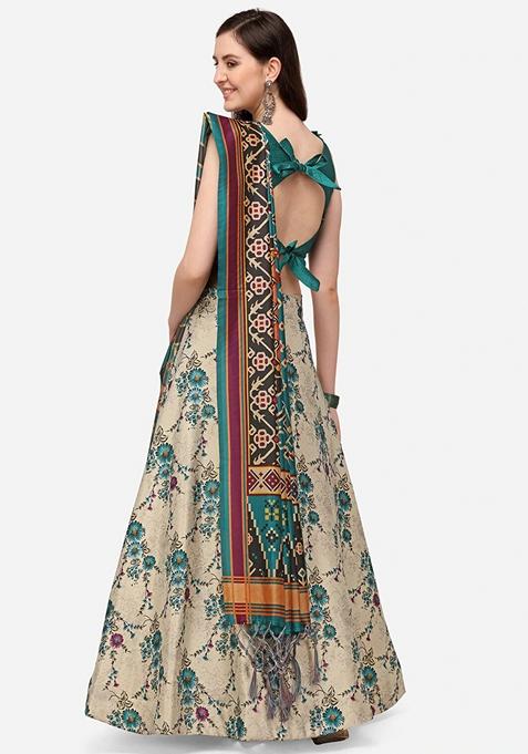 Multicolor Printed Satin Silk Lehenga Set