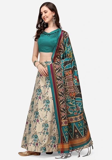 Multicolor Printed Satin Silk Lehenga Set