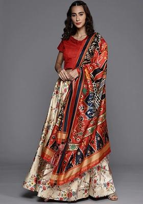 Beige Printed Satin Silk Lehenga Set
