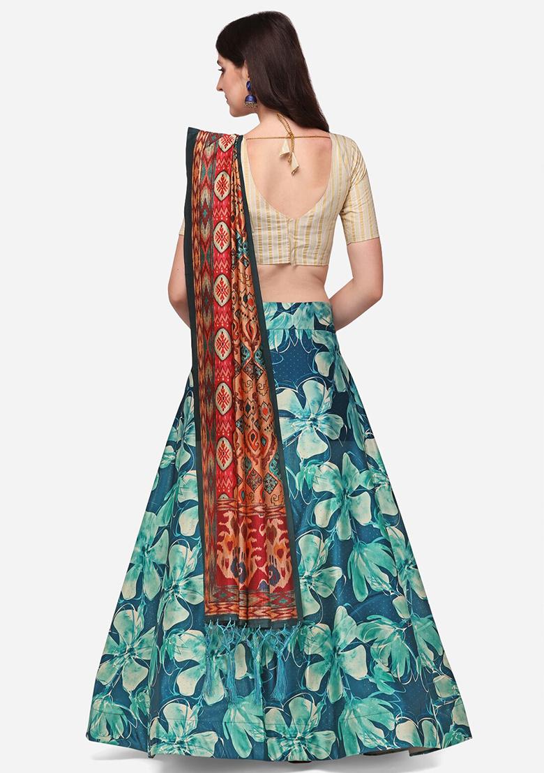 Teal Blue Printed Satin Silk Lehenga Set