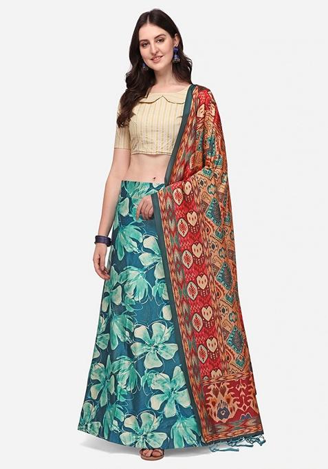 Teal Blue Printed Satin Silk Lehenga Set