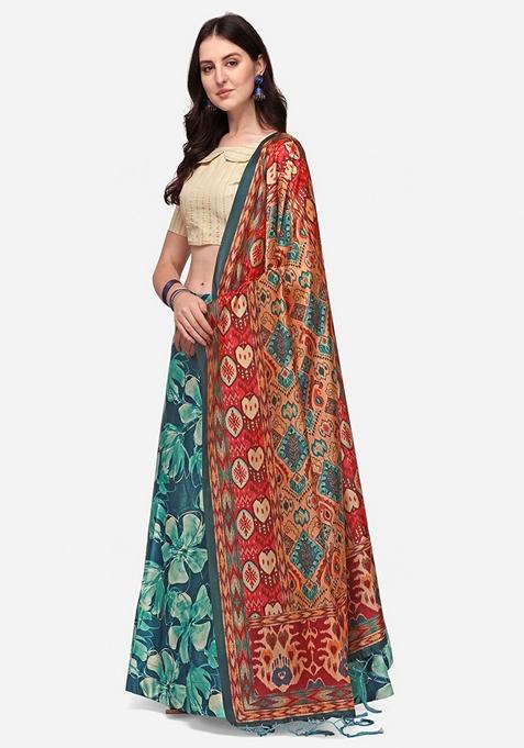Teal Blue Printed Satin Silk Lehenga Set
