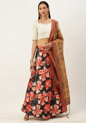 Black Printed Satin Silk Lehenga Set