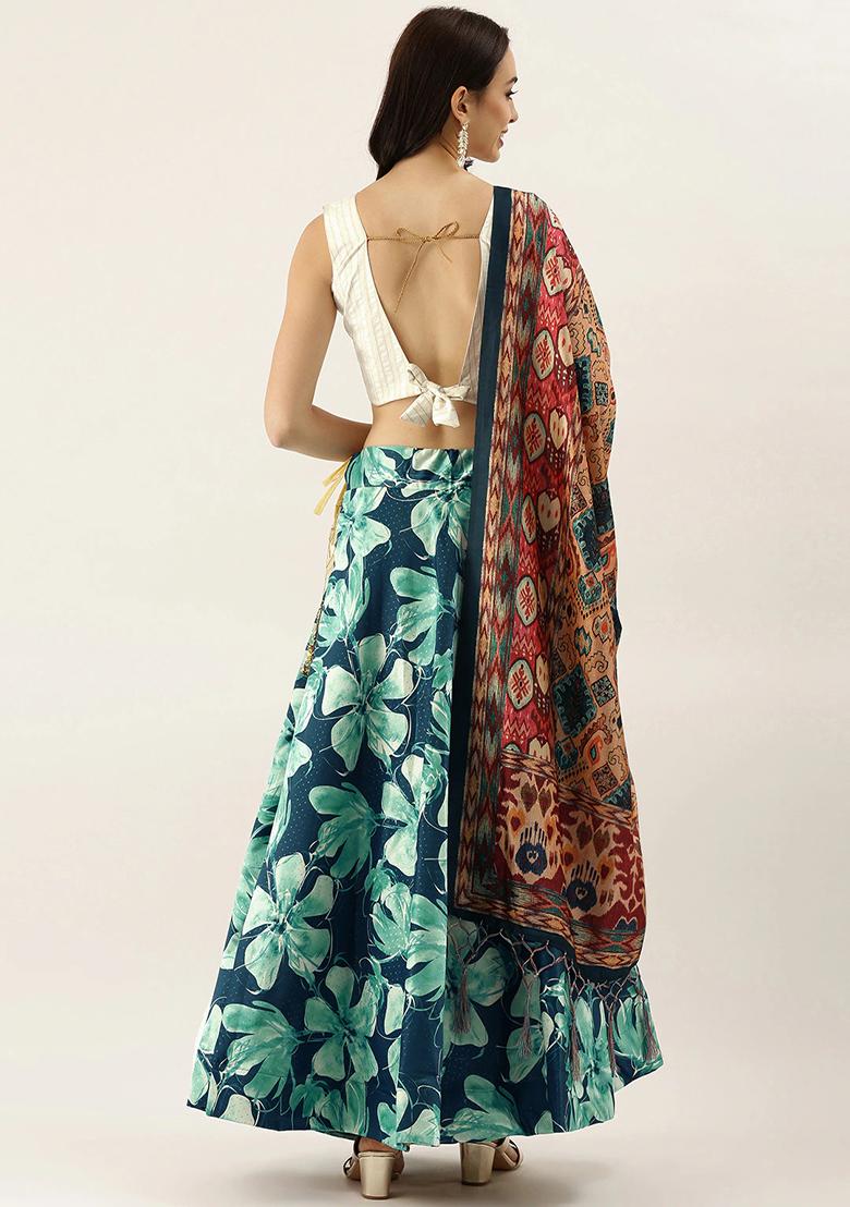 Teal Blue Printed Satin Silk Lehenga Set
