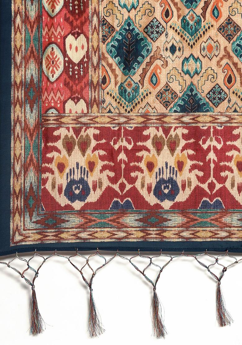 Teal Blue Printed Satin Silk Lehenga Set