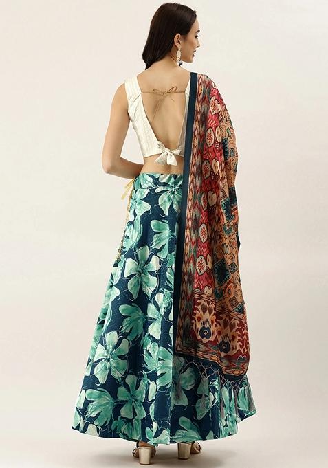 Teal Blue Printed Satin Silk Lehenga Set