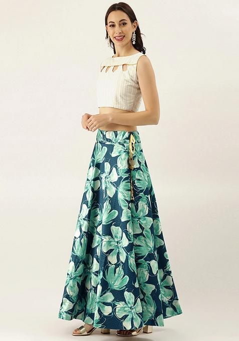 Teal Blue Printed Satin Silk Lehenga Set