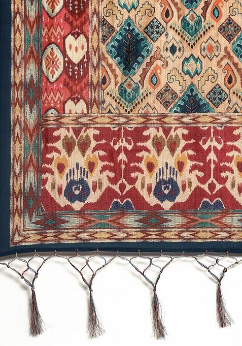 Teal Blue Printed Satin Silk Lehenga Set