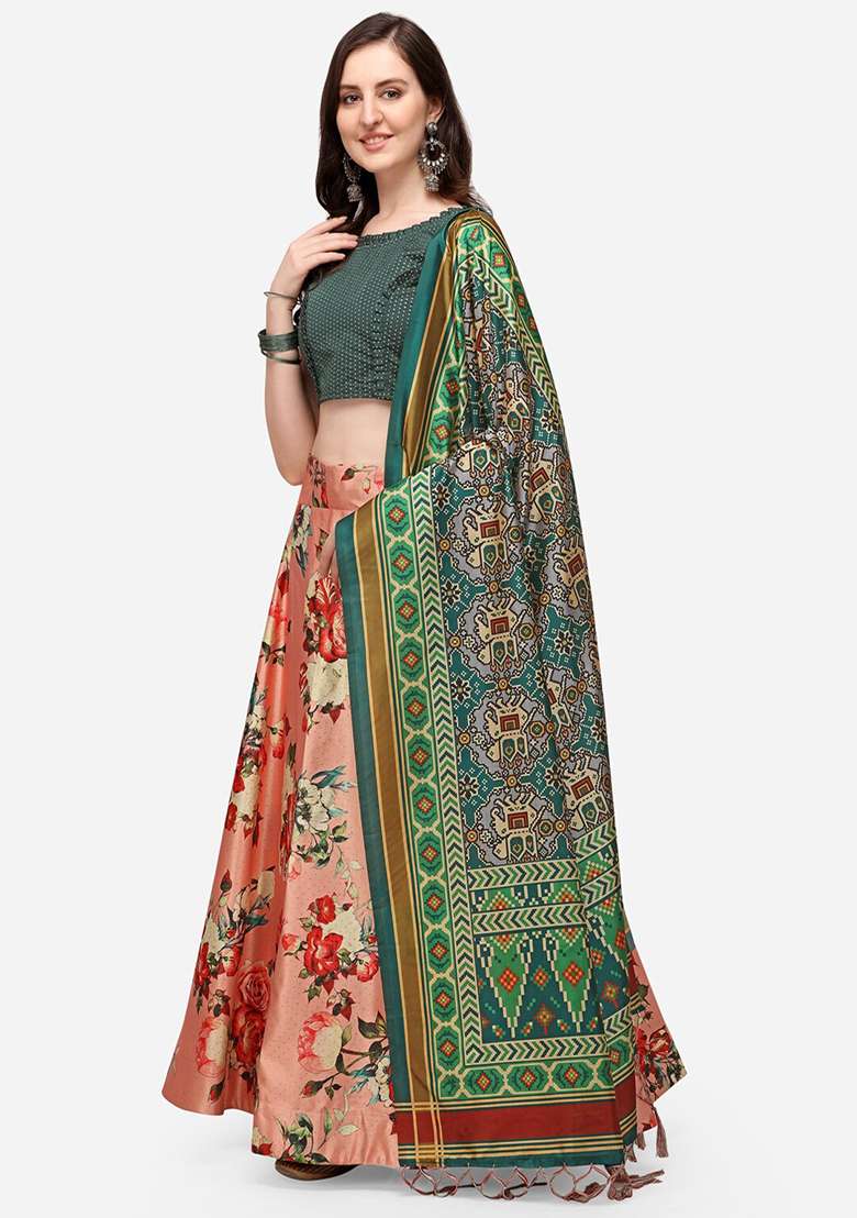 Pink Printed Satin Silk Lehenga Set - Indya