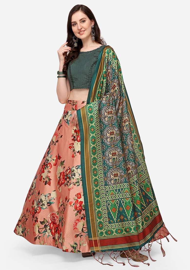 Pink Printed Satin Silk Lehenga Set - Indya
