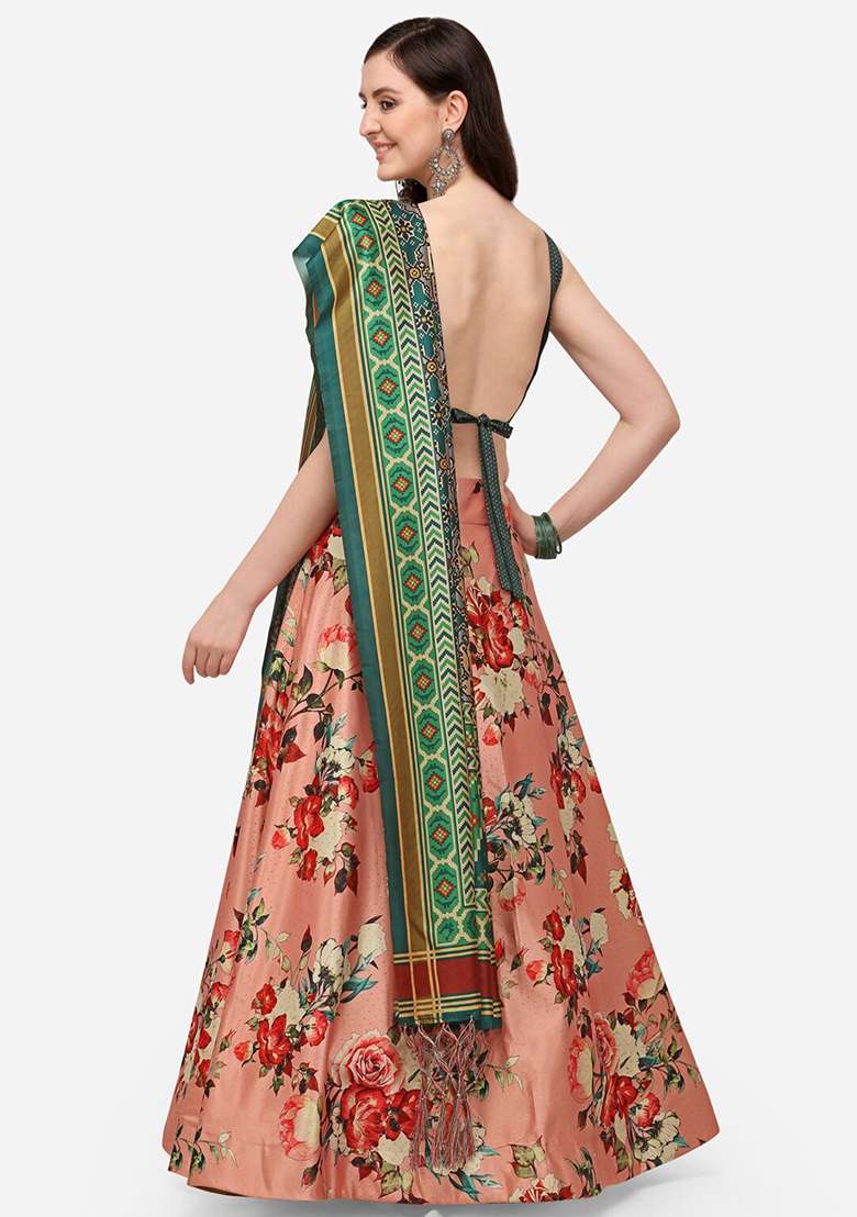 Pink Printed Satin Silk Lehenga Set - Indya