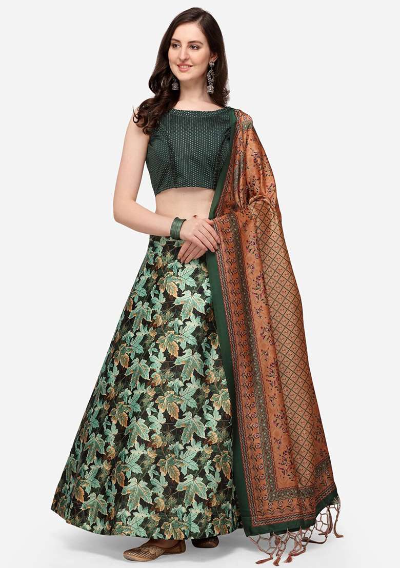Green Printed Satin Silk Lehenga Set - Indya