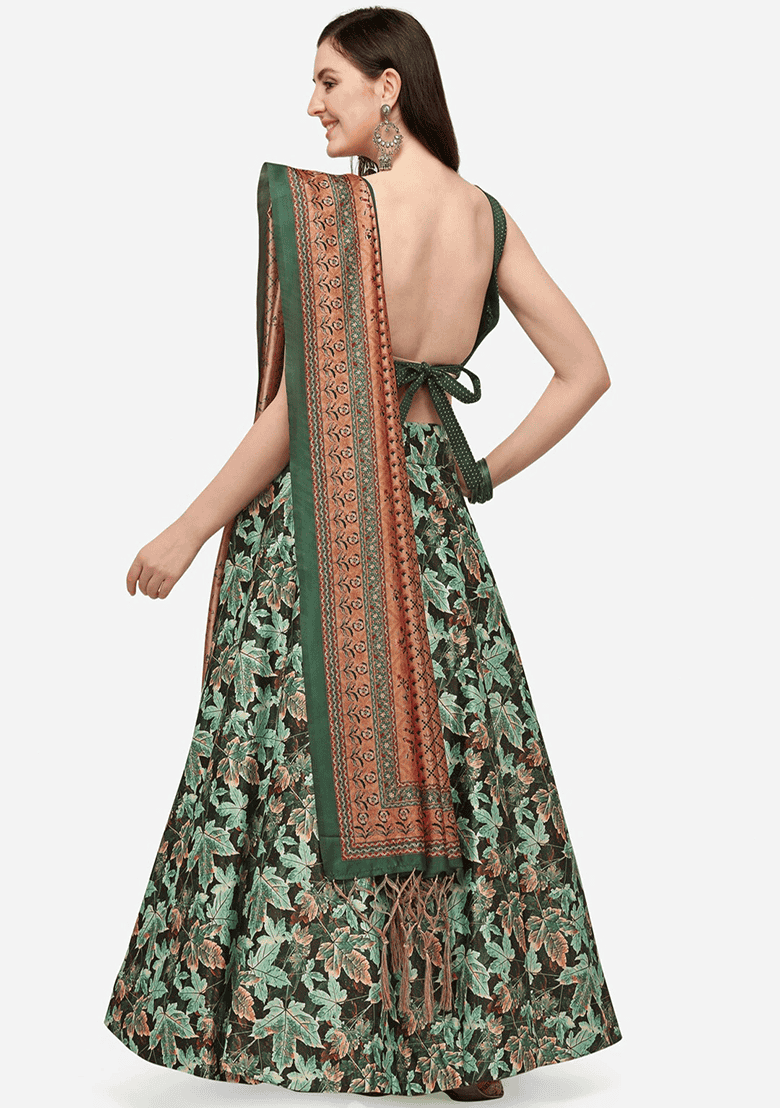 Green Printed Satin Silk Lehenga Set - Indya