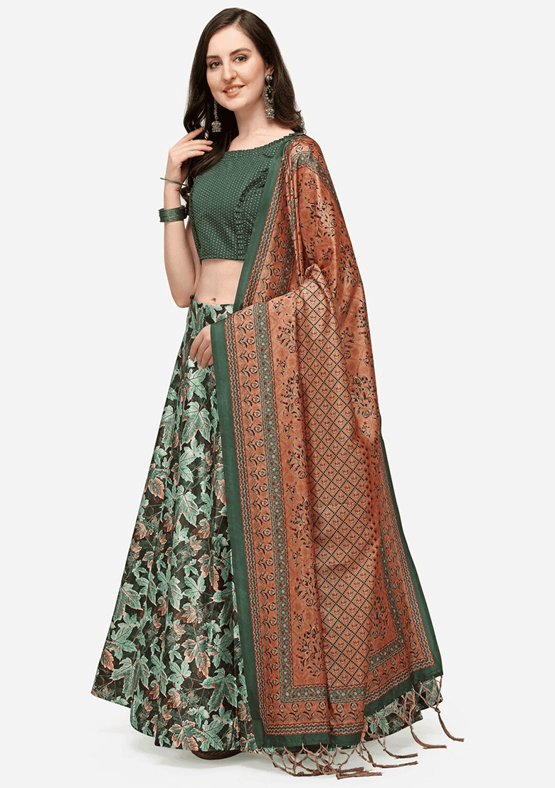 Green Printed Satin Silk Lehenga Set - Indya