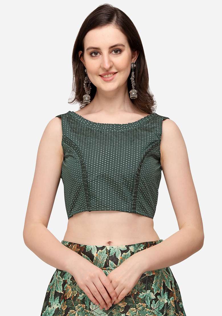 Green Printed Satin Silk Lehenga Set - Indya