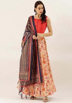 Orange Printed Satin Silk Lehenga Set