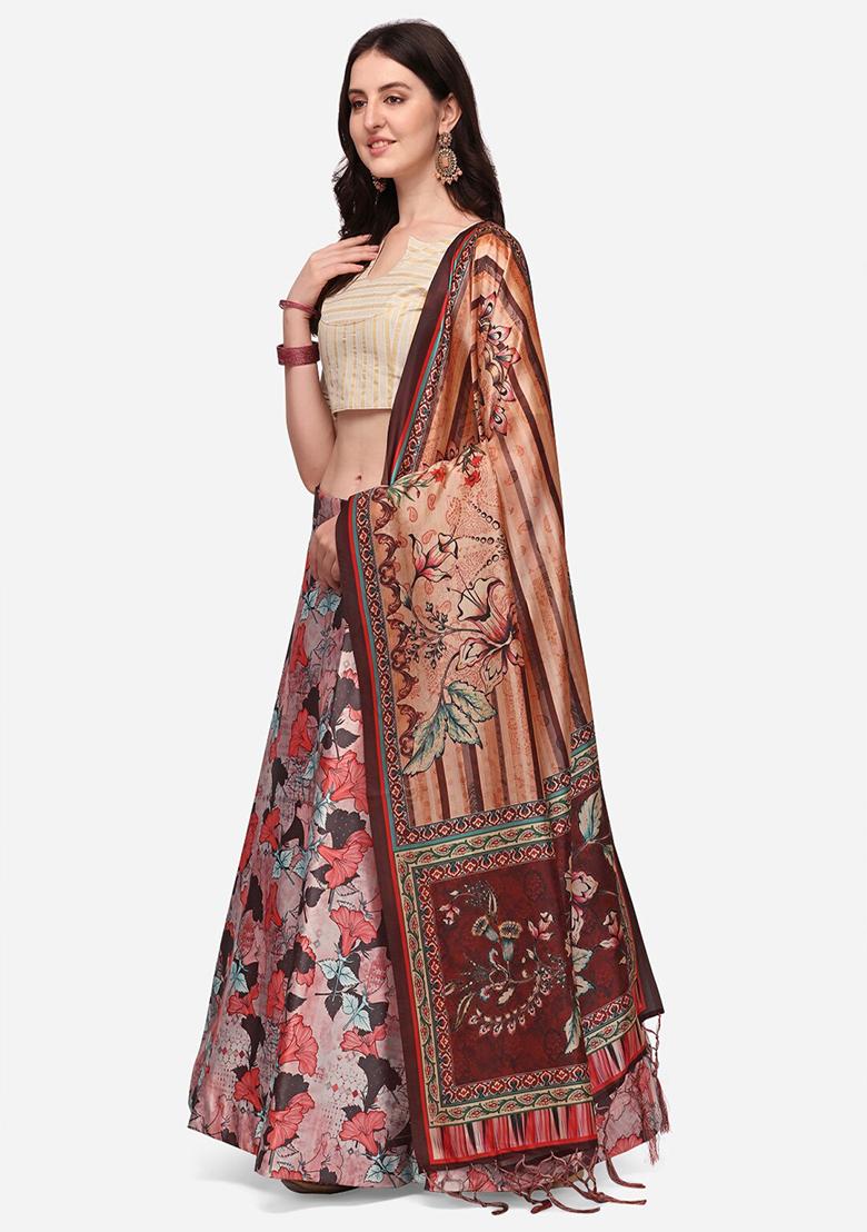 Multicolor Printed Satin Silk Lehenga Set